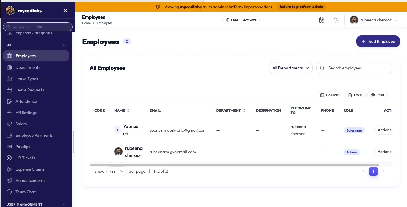 MCPOS Cloud HR employee directory with departments, roles and reporting lines