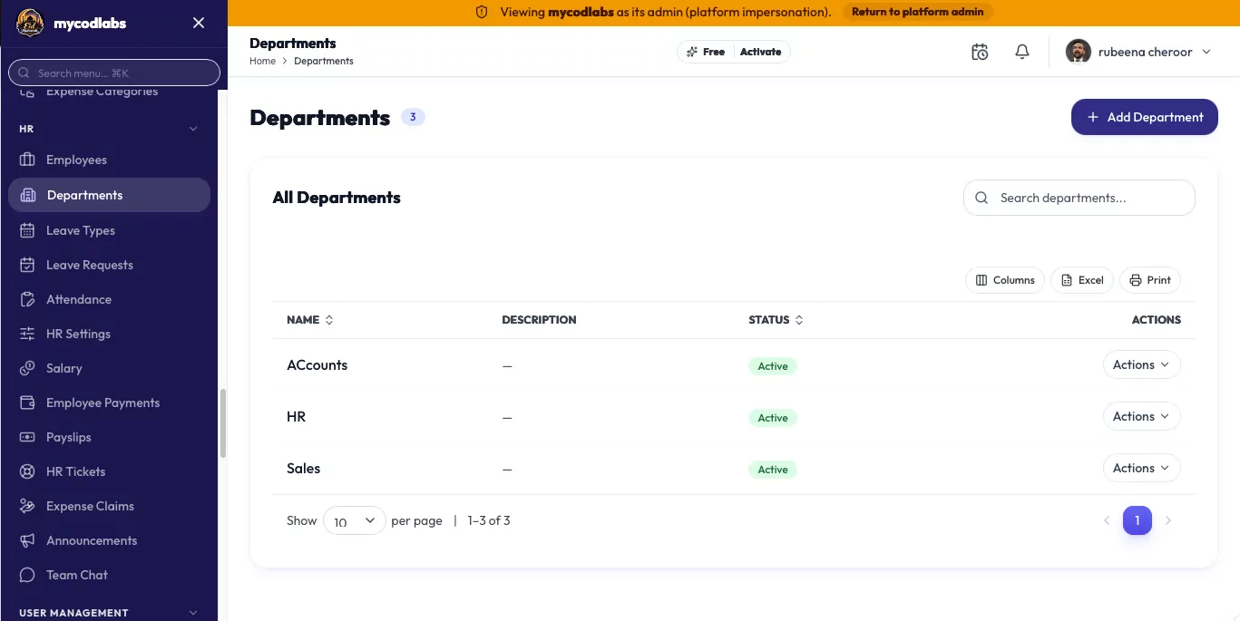 MCPOS Cloud HR departments list with active status and actions