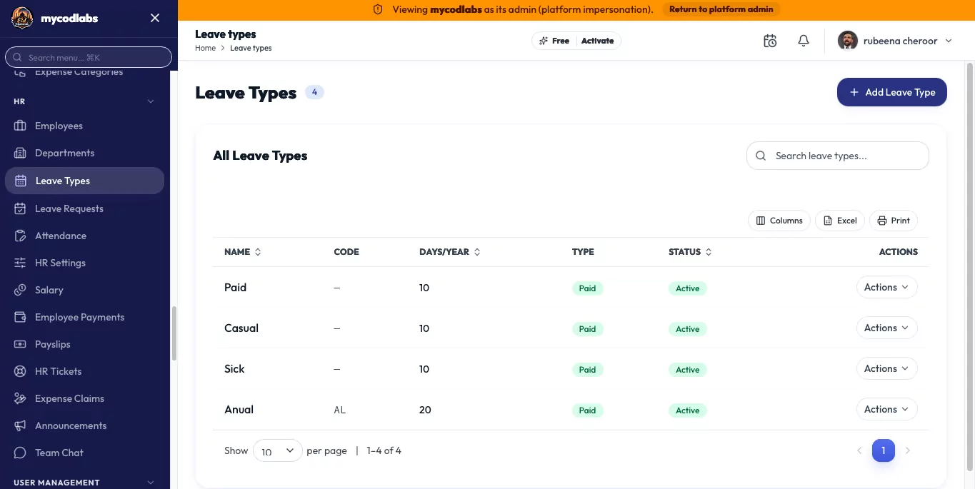 MCPOS Cloud HR leave types with paid days per year and status
