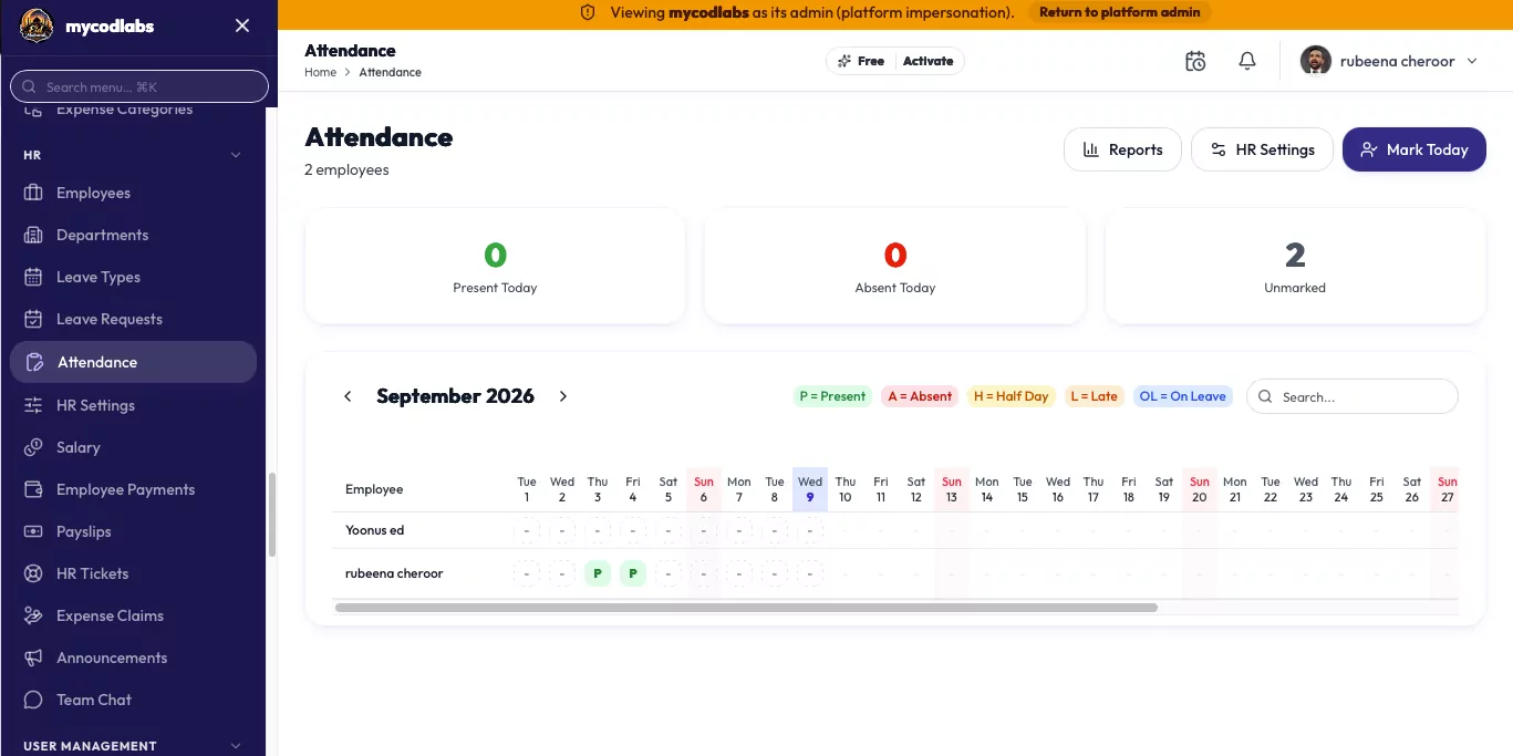 MCPOS Cloud HR attendance calendar marking present, absent, half day and leave