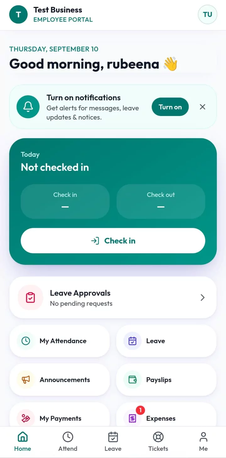 MCPOS employee portal app home on a phone with check in, leave approvals, attendance and payslips
