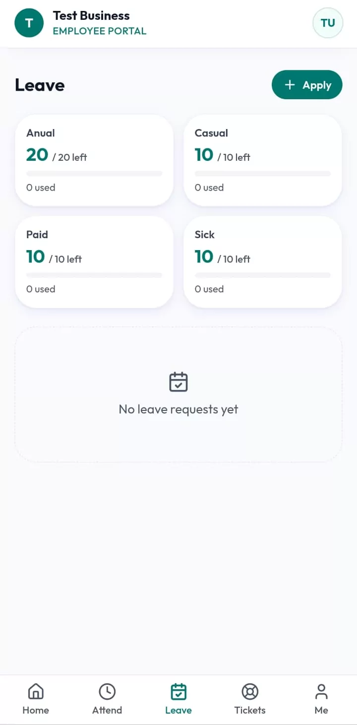 MCPOS employee portal leave screen showing annual, casual, paid and sick balances with days left