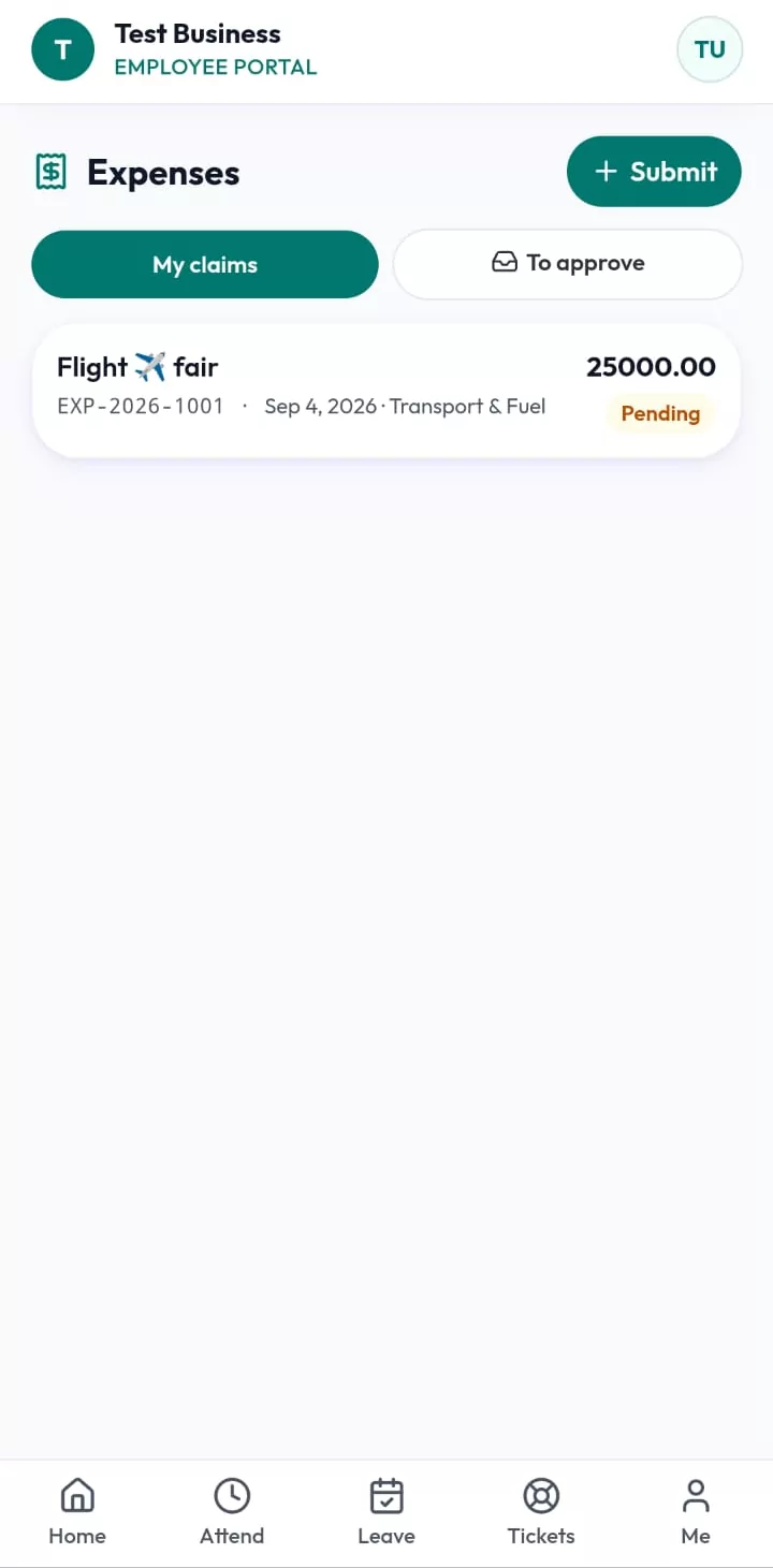 MCPOS employee portal expense claims with submitted amount and pending approval status