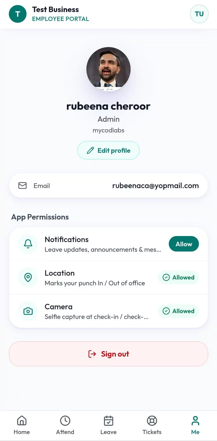 MCPOS employee portal profile with role, email and app permissions for notifications, location and camera