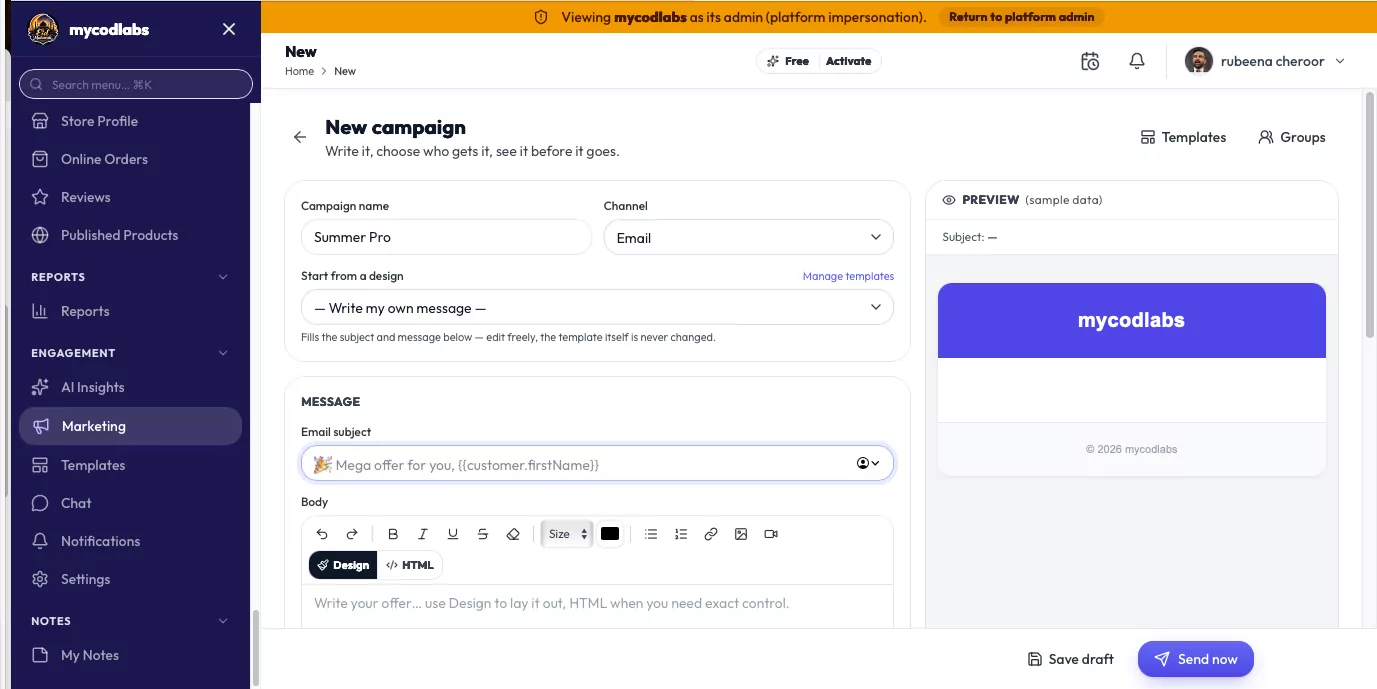 MCPOS Cloud new campaign composer with email subject, body editor and live preview