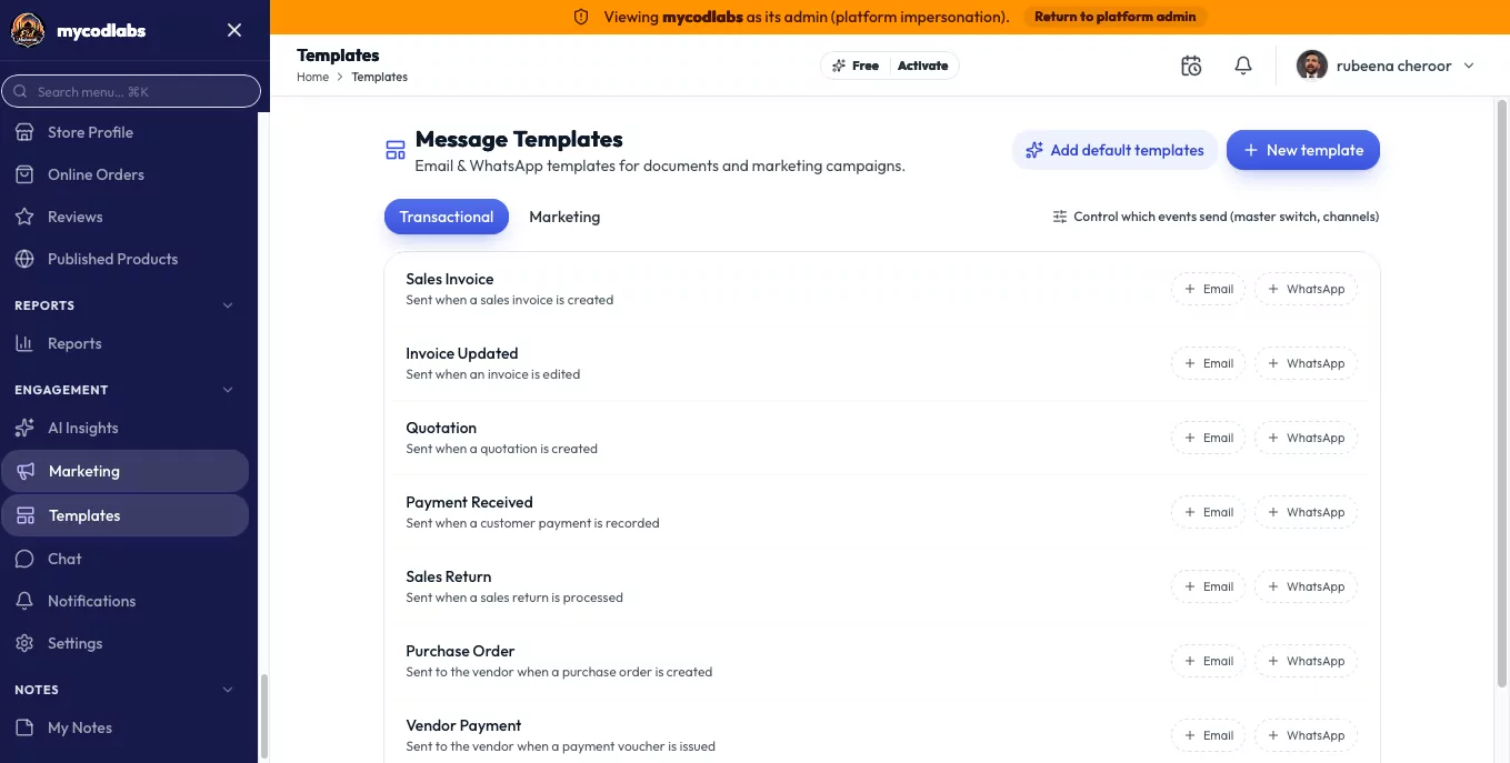 MCPOS Cloud message templates for email and WhatsApp on invoices, quotations and payments