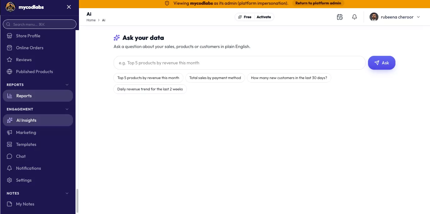 MCPOS Cloud AI इनसाइट — ask your sales, product and customer data in plain English