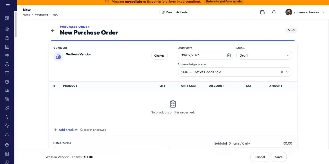 MCPOS Cloud new purchase order with vendor, expense ledger account and product lines