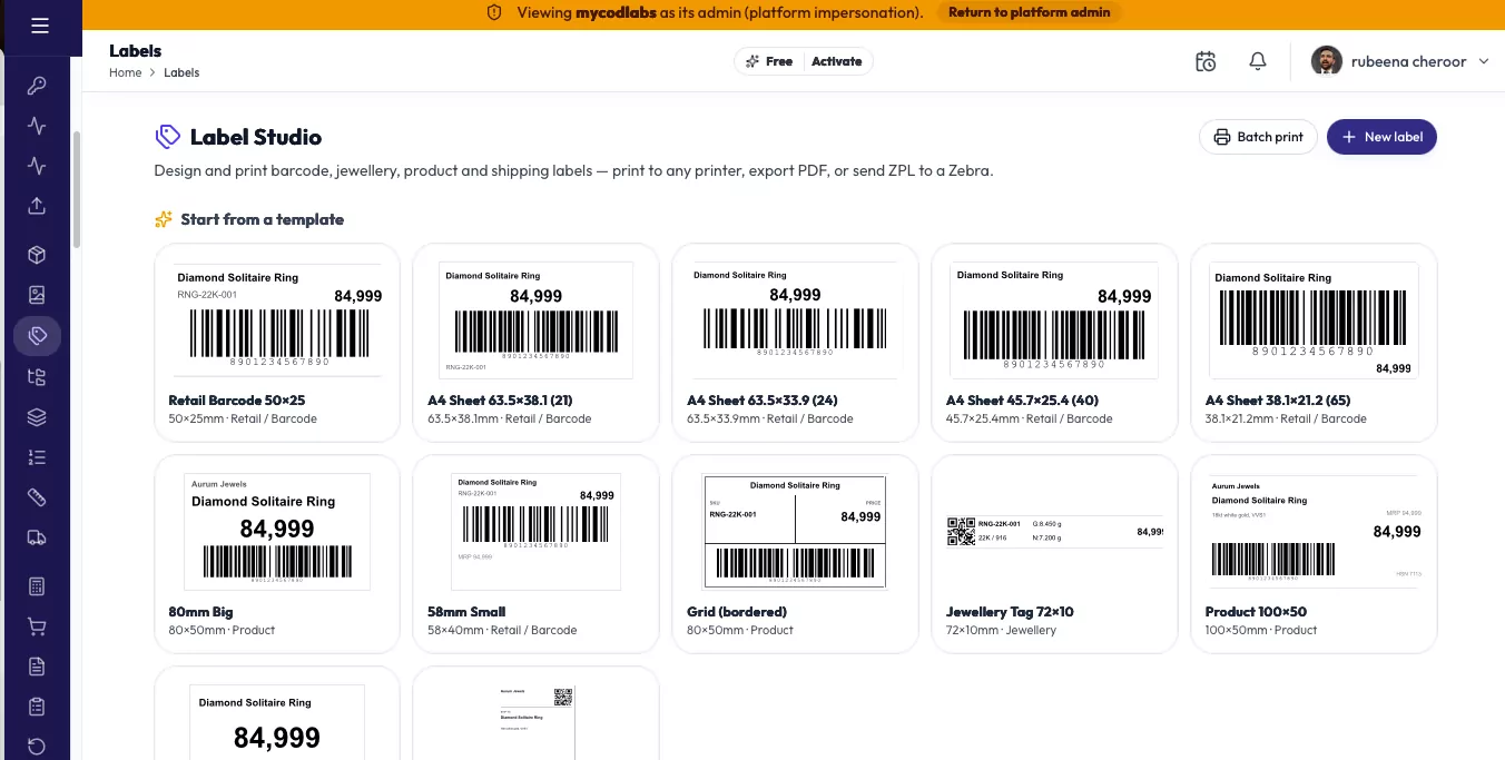 MCPOS Cloud Label Studio with barcode, jewellery, product and shipping label templates