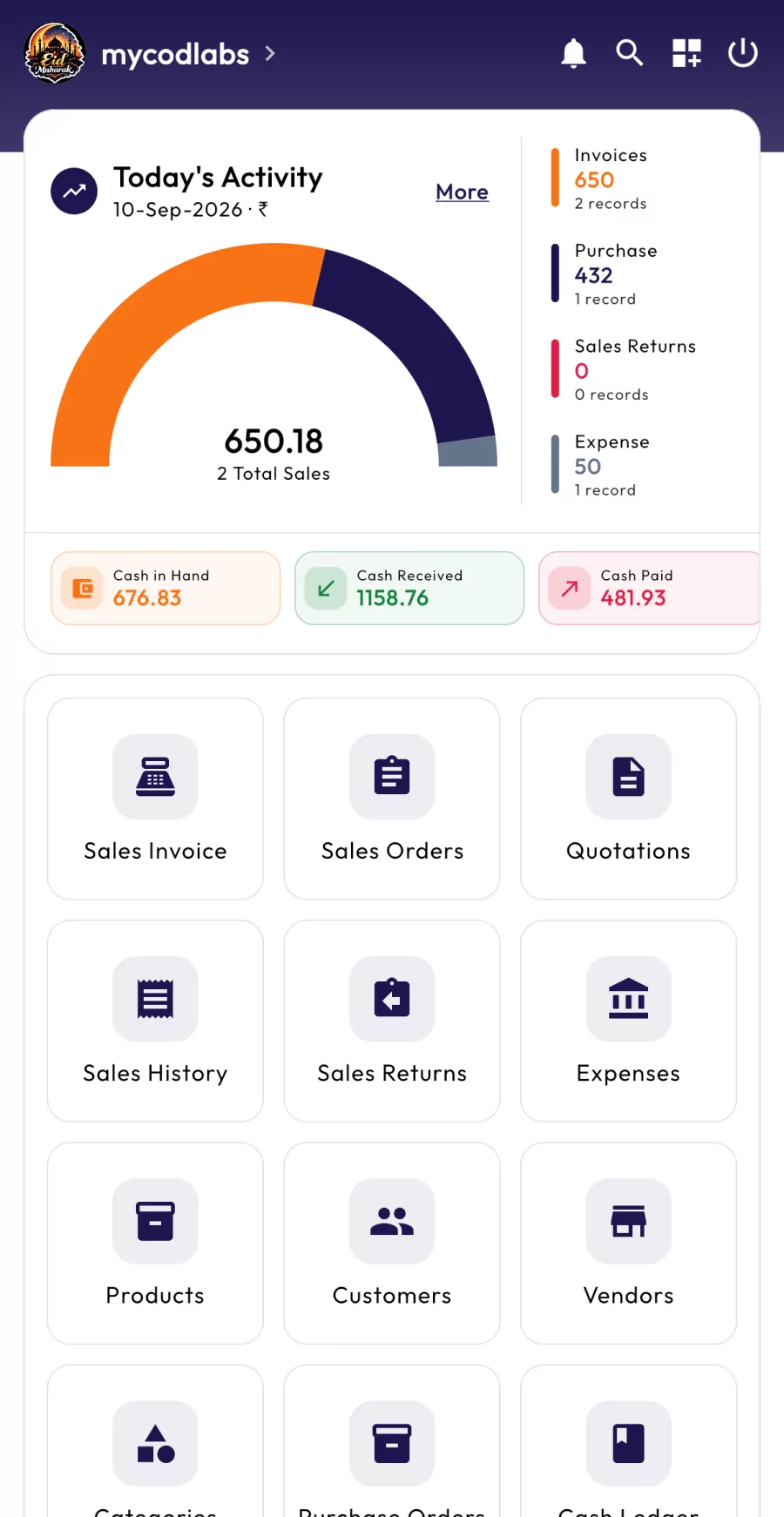 MCPOS Cloud POS app home with today's sales and cash in hand