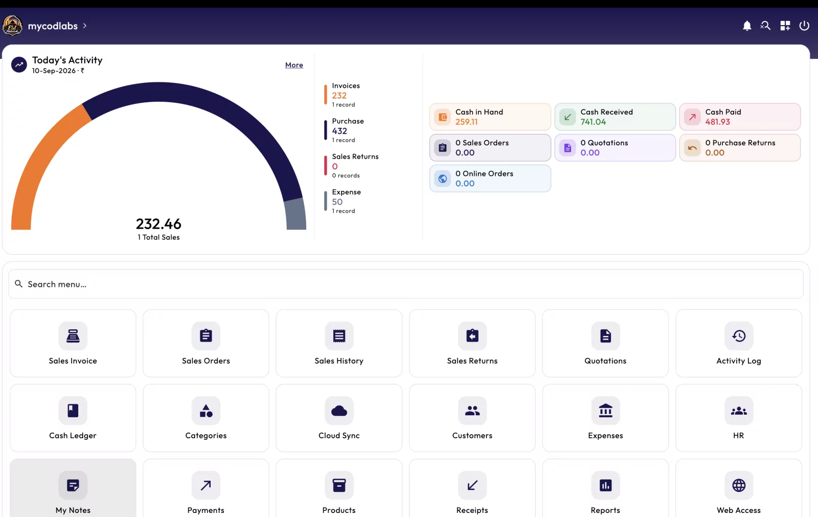 MCPOS native POS app home with today's activity, cash in hand and module shortcuts