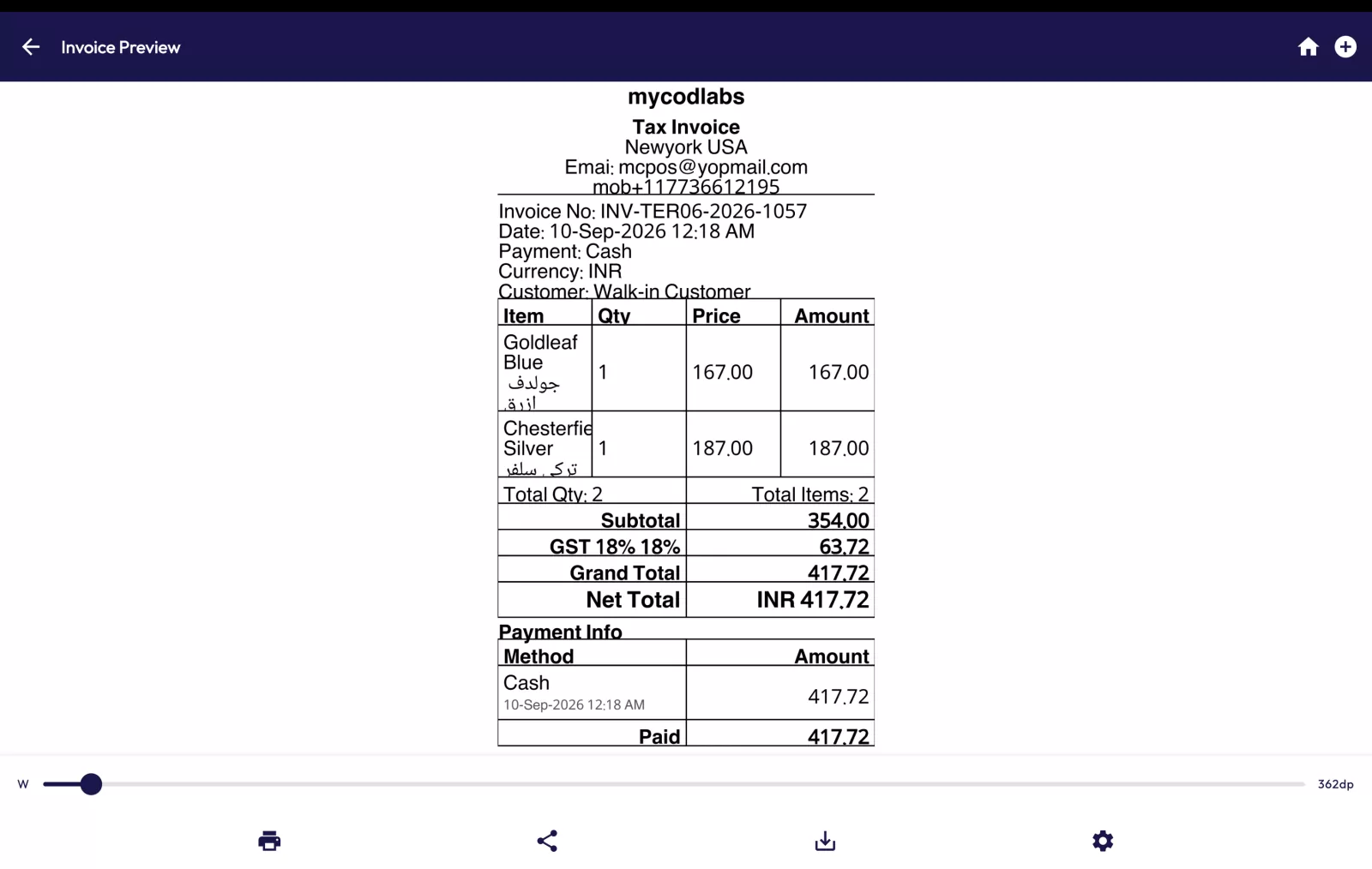 MCPOS native POS app tax invoice preview ready to print, share or download