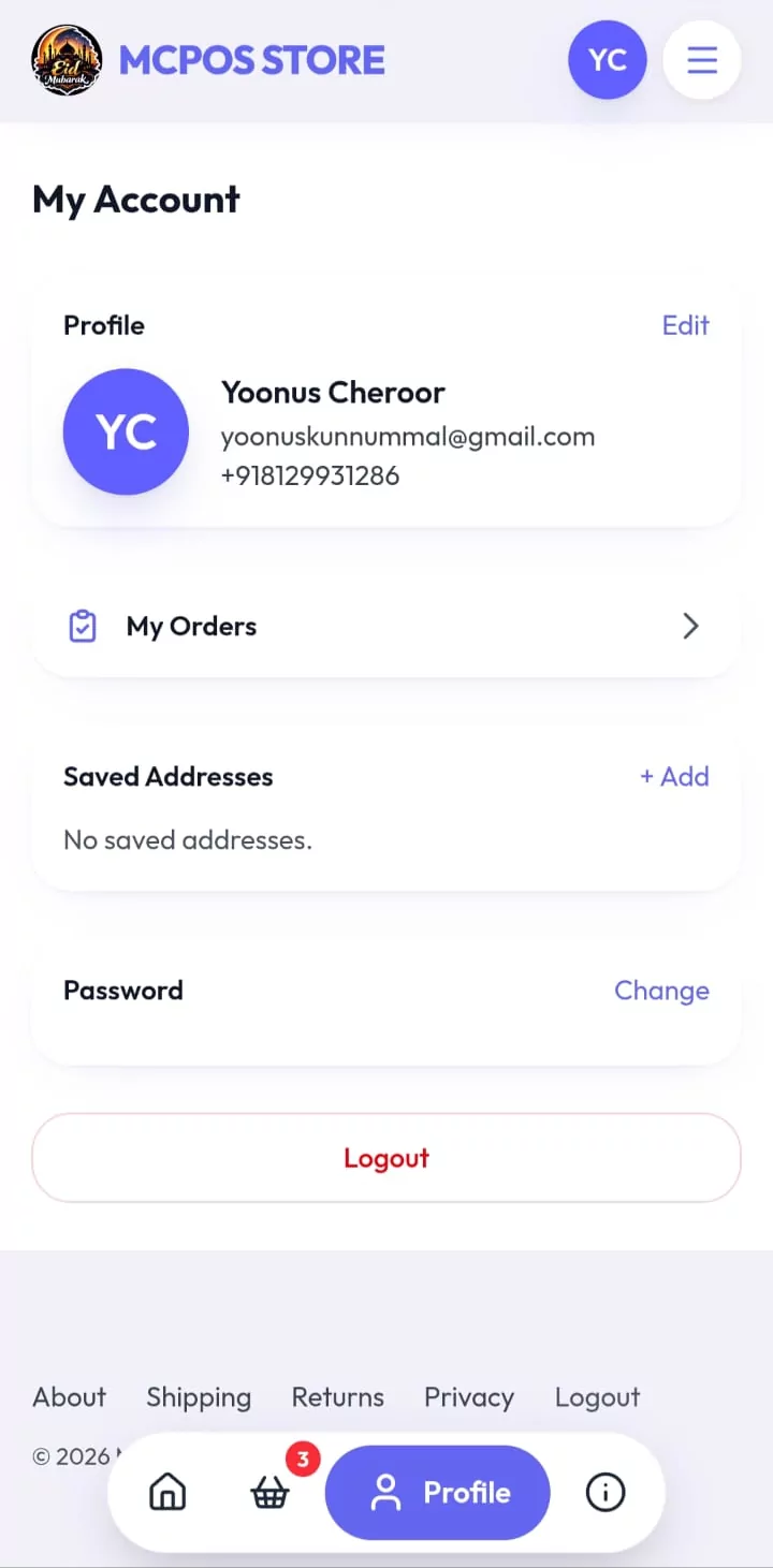 MCPOS ऑनलाइन store customer account with orders, saved addresses and profile